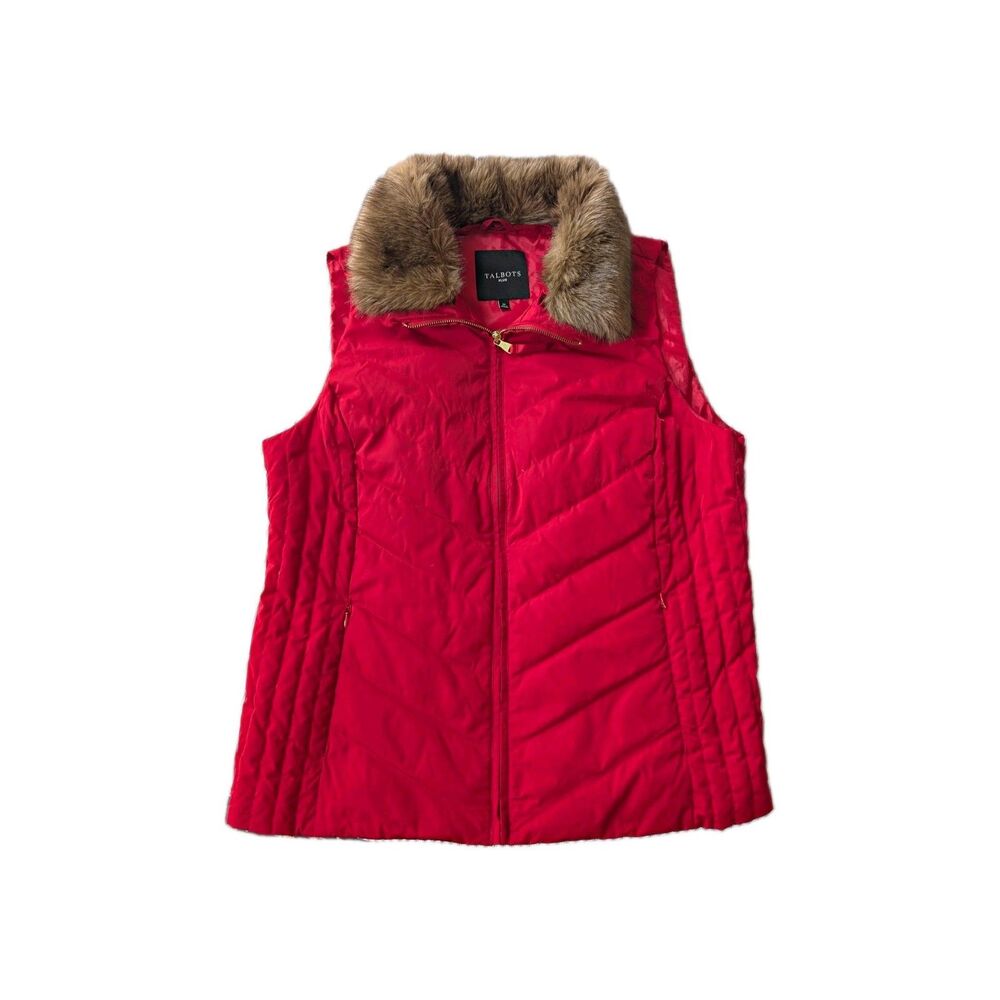 Talbots Plus Red Down Puffer Vest Faux Fur Trim Full Zip Pockets sz 1X